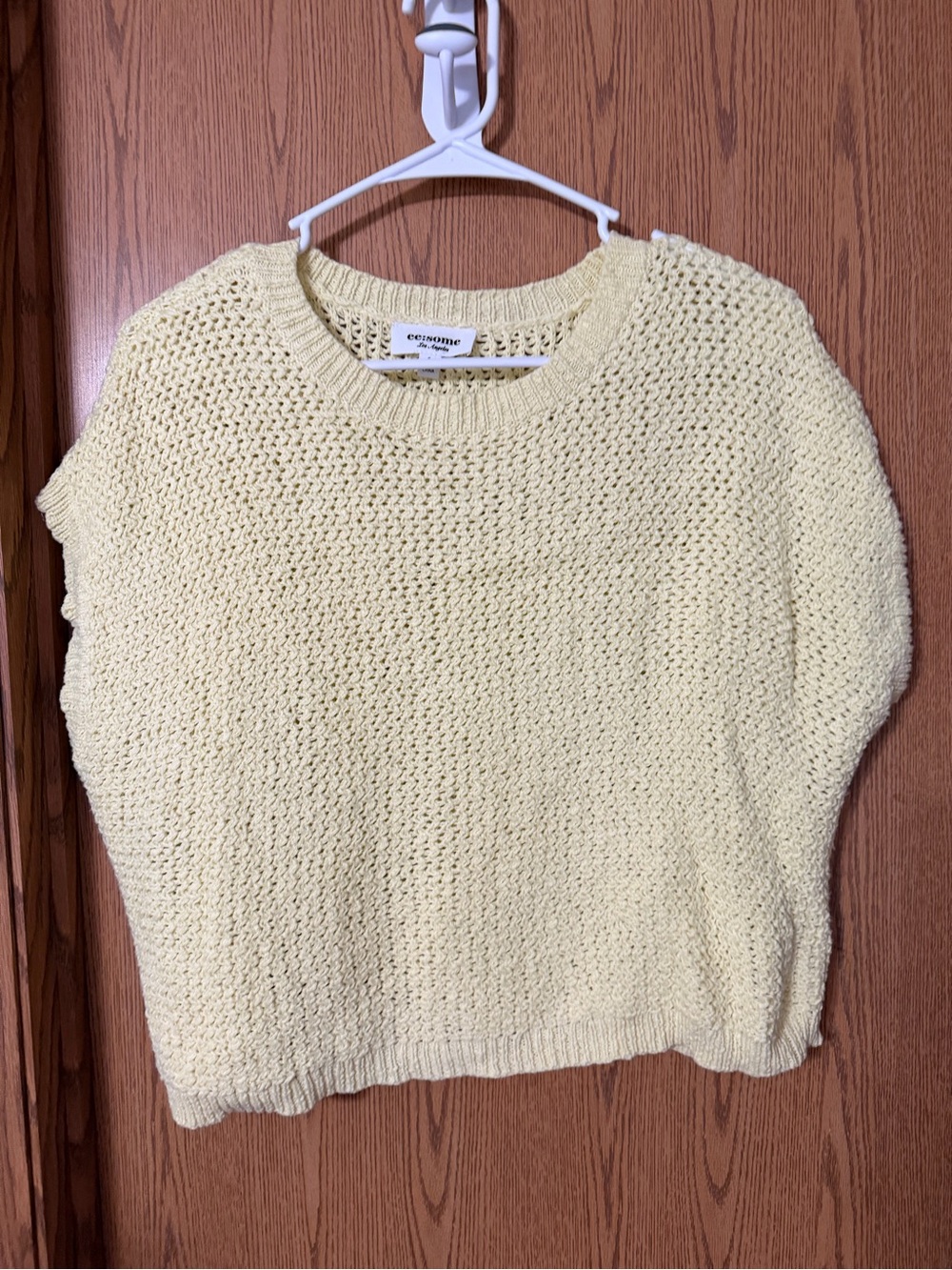 Eesome Los Angeles Butter Yellow Open Knit Cap Sleeve Sweater Top Size Small